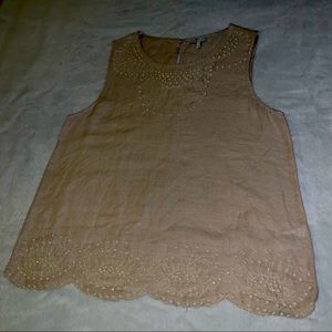 Joie 100% Raw Silk Boho Style Beaded Beige Tan Womens Sleeveless Blouse - Size L